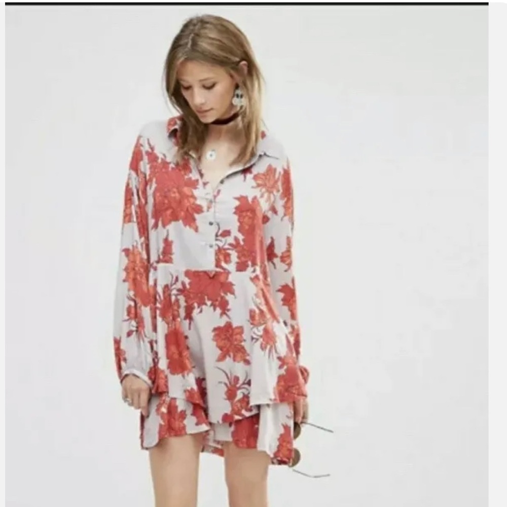Free People Shake It Mini Dress Gray & Red Floral Long Sleeve Small Oversized - Picture 2 of 6